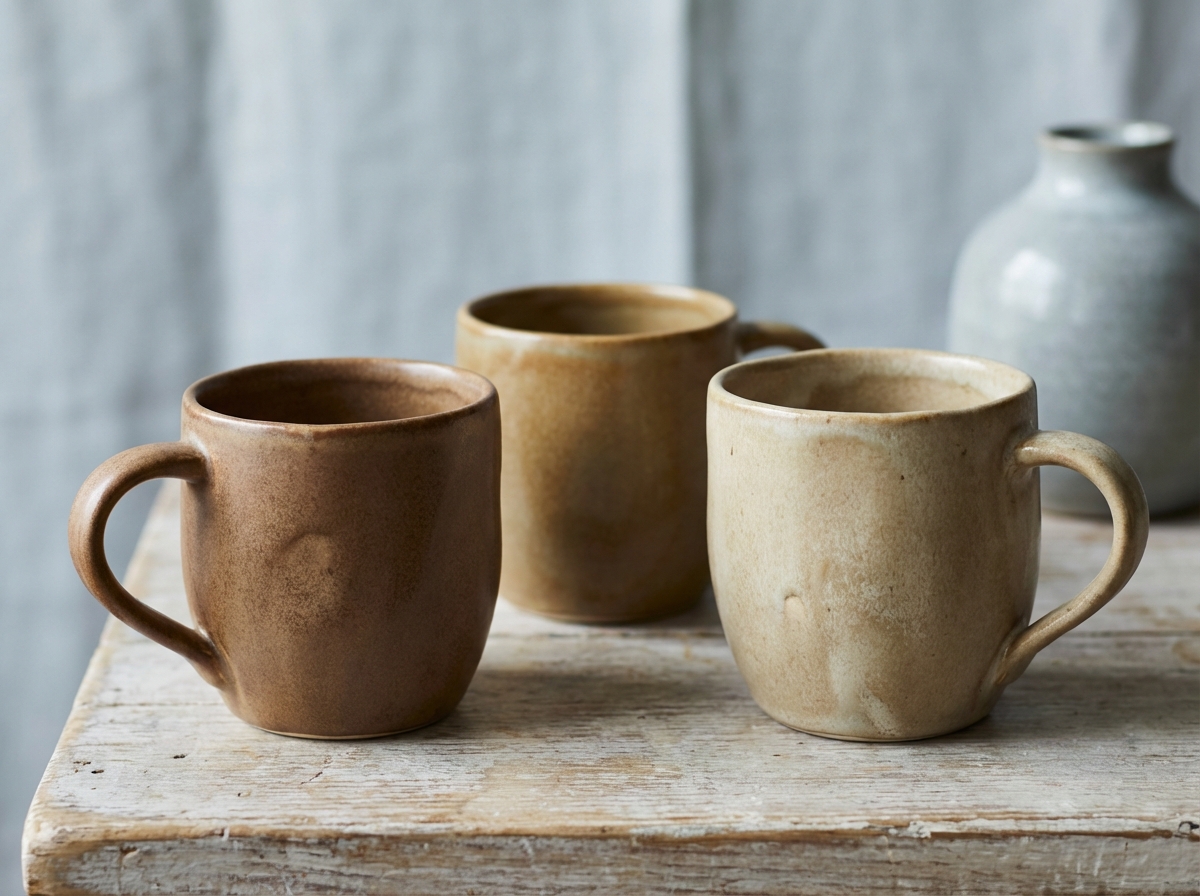 Illustration of handmade ceramic mugs grouped for coffee and tea rituals.