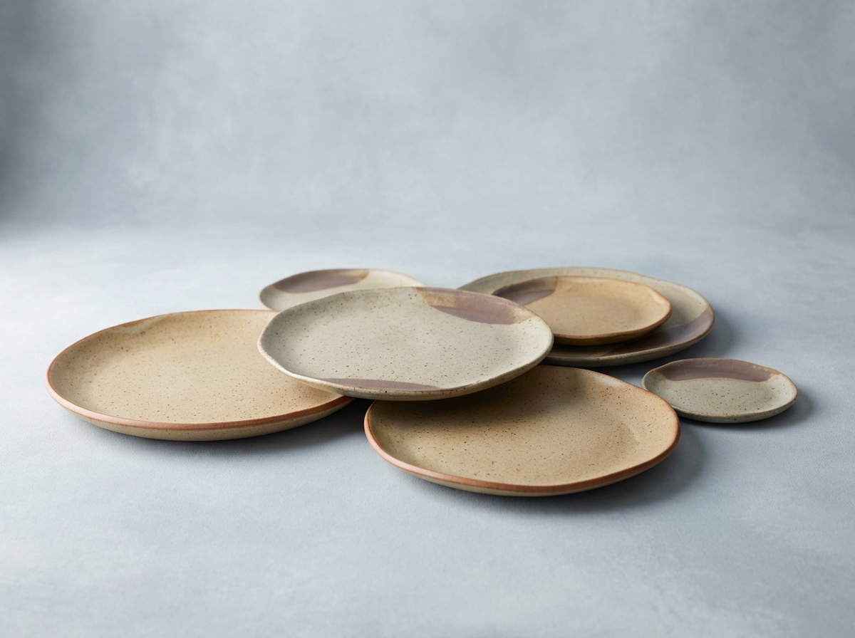 Illustration of layered handmade ceramic plates arranged on a tabletop.