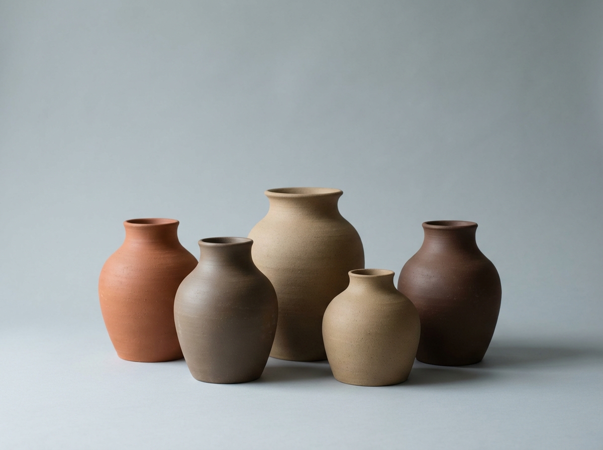 Illustration of sculptural handmade ceramic vases with dried stems.